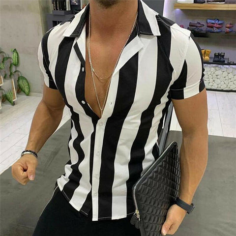 Image of Fashion men striped Shirt Luxury Men's Slim Fit Shirt Short Sleeve Stylish Formal Casual Tee Tops blusa masculina