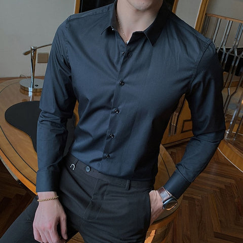 Image of 2019 neue Mode Baumwolle Langarm Hemd Solide Slim Fit Männlichen Sozialen Casual Business Weiß Schwarz Kleid Hemd 5XL 6XL 7XL 8XL