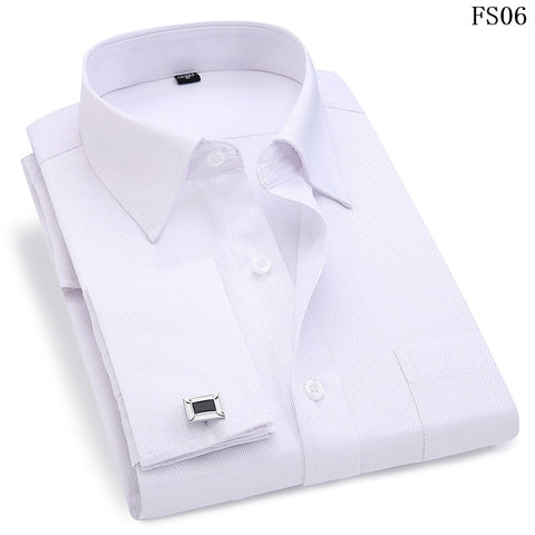 Image of Men's Dress Shirts French Cuff Blue White Long Sleeved Business Casual Shirt Slim Fit Solid Color French Cufflinks Shirt