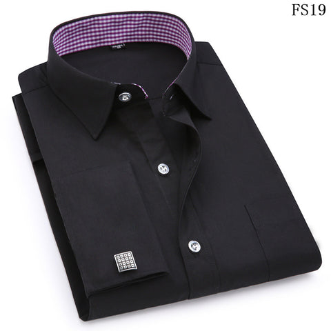 Image of Men's Dress Shirts French Cuff Blue White Long Sleeved Business Casual Shirt Slim Fit Solid Color French Cufflinks Shirt