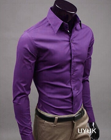 Image of 2019Men Shirt Long Sleeve Fashion Mens Casual Shirts Cotton Solid Color Business Slim Fit Social Camisas Masculina RD464
