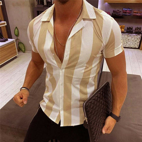 Image of Fashion men striped Shirt Luxury Men's Slim Fit Shirt Short Sleeve Stylish Formal Casual Tee Tops blusa masculina