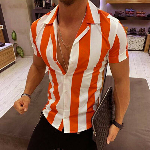 Image of Fashion men striped Shirt Luxury Men's Slim Fit Shirt Short Sleeve Stylish Formal Casual Tee Tops blusa masculina