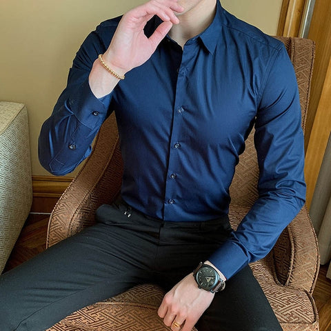 Image of 2019 neue Mode Baumwolle Langarm Hemd Solide Slim Fit Männlichen Sozialen Casual Business Weiß Schwarz Kleid Hemd 5XL 6XL 7XL 8XL