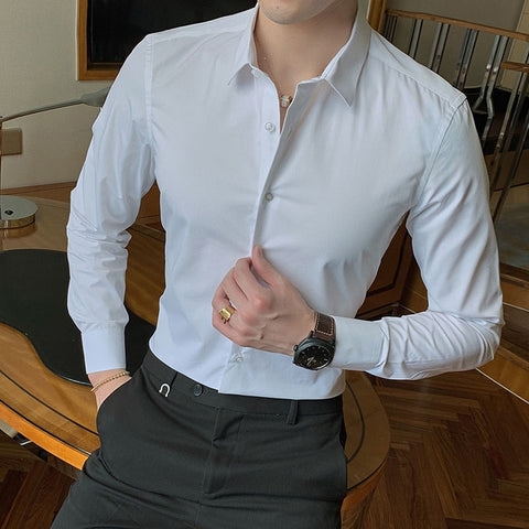 Image of 2019 neue Mode Baumwolle Langarm Hemd Solide Slim Fit Männlichen Sozialen Casual Business Weiß Schwarz Kleid Hemd 5XL 6XL 7XL 8XL