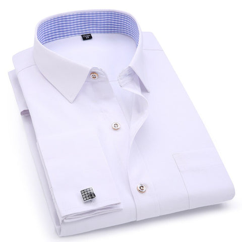 Image of Men's Dress Shirts French Cuff Blue White Long Sleeved Business Casual Shirt Slim Fit Solid Color French Cufflinks Shirt