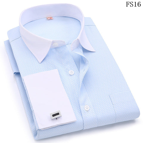 Image of Men's Dress Shirts French Cuff Blue White Long Sleeved Business Casual Shirt Slim Fit Solid Color French Cufflinks Shirt