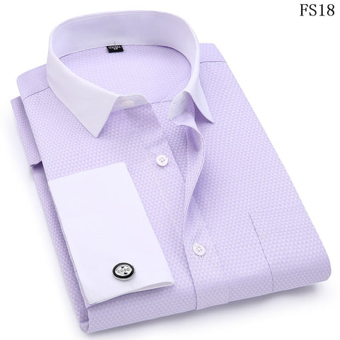 Image of Men's Dress Shirts French Cuff Blue White Long Sleeved Business Casual Shirt Slim Fit Solid Color French Cufflinks Shirt