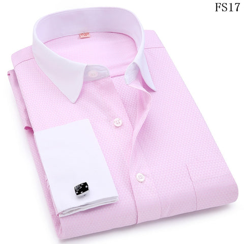 Image of Men's Dress Shirts French Cuff Blue White Long Sleeved Business Casual Shirt Slim Fit Solid Color French Cufflinks Shirt