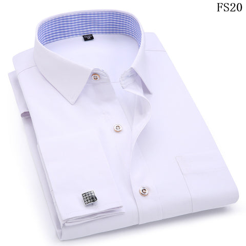 Image of Men's Dress Shirts French Cuff Blue White Long Sleeved Business Casual Shirt Slim Fit Solid Color French Cufflinks Shirt