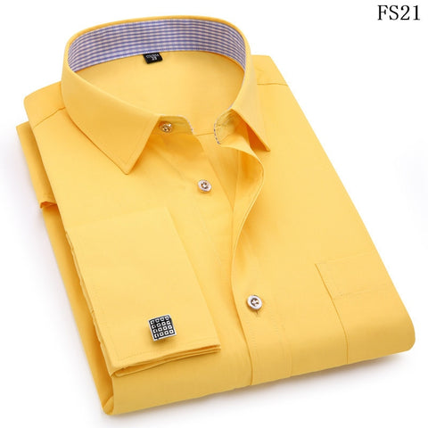 Image of Men's Dress Shirts French Cuff Blue White Long Sleeved Business Casual Shirt Slim Fit Solid Color French Cufflinks Shirt