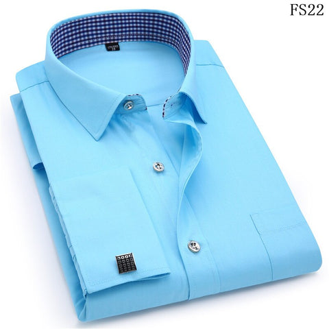 Image of Men's Dress Shirts French Cuff Blue White Long Sleeved Business Casual Shirt Slim Fit Solid Color French Cufflinks Shirt