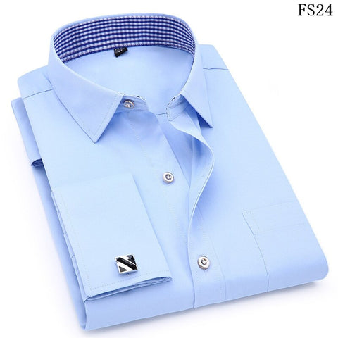 Image of Men's Dress Shirts French Cuff Blue White Long Sleeved Business Casual Shirt Slim Fit Solid Color French Cufflinks Shirt